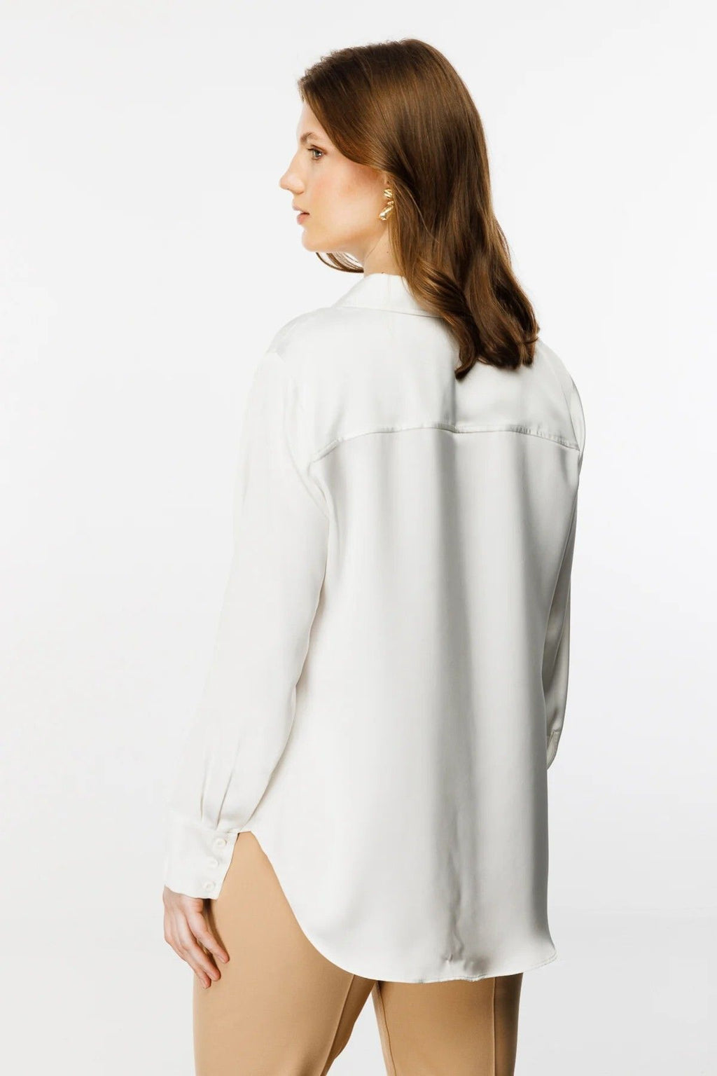 Ekol Oversize Minimalist Uzun Kol Saten Bluz - Gömlek Yaka