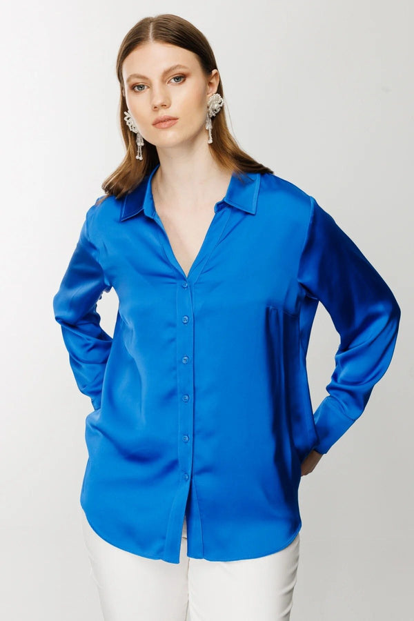 Ekol Oversize Minimalist Uzun Kol Saten Bluz - Gömlek Yaka