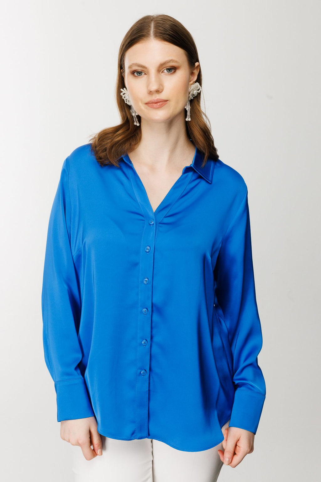 Ekol Oversize Minimalist Uzun Kol Saten Bluz - Gömlek Yaka