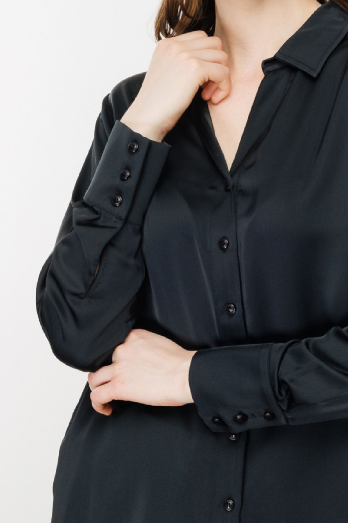 Ekol Oversize Minimalist Uzun Kol Saten Bluz - Gömlek Yaka