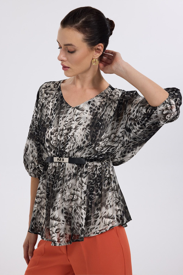 Ekol Oversize V Yaka Desenli Şifon Bluz - 3/4 Kol