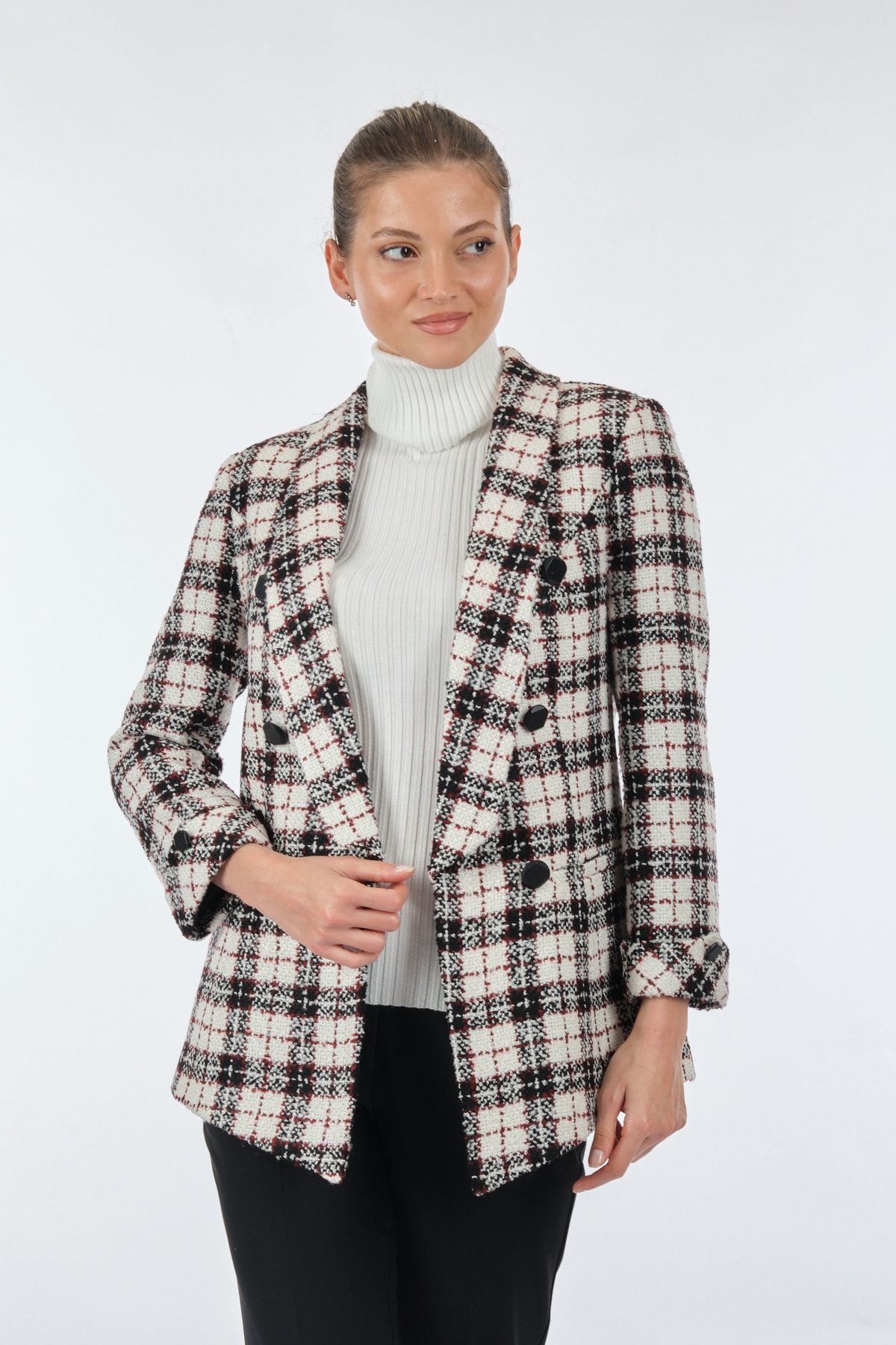 Ekol Kadın Kareli Midi Blazer Ceket - Şık ve Rahat Translation missing: ar.content.product_image_main