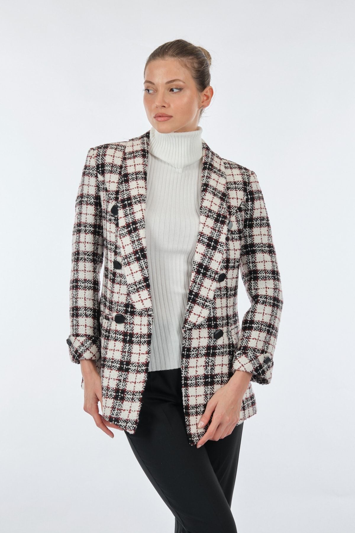 Ekol Kadın Kareli Midi Blazer Ceket - Şık ve Rahat Translation missing: ar.content.product_image_secondary