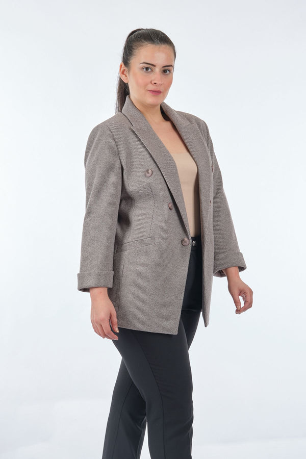 Ekol Oversize Minimalist Kadın Ceket - 3/4 Kol - Çift Sıralı