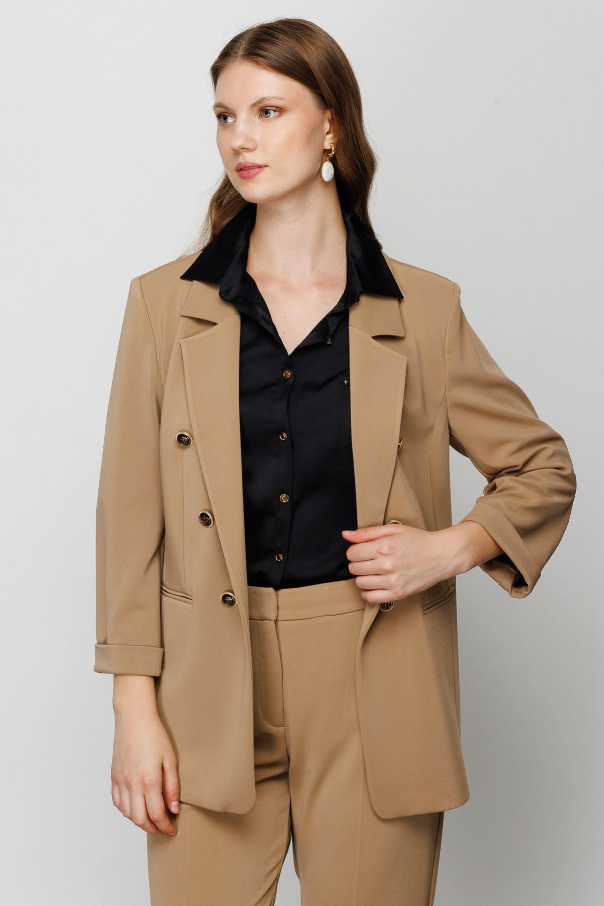 Ekol Minimalist Oversize Kadın Ceket - Çift Düğmeli
