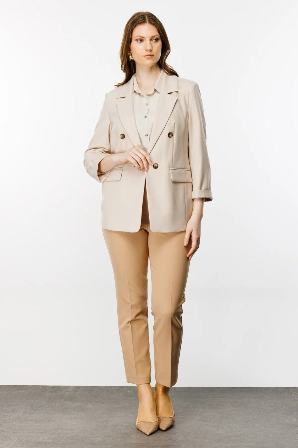 Ekol Minimalist 3/4 Kol Çift Sıralı Kadın Ceket - Günlük & İş