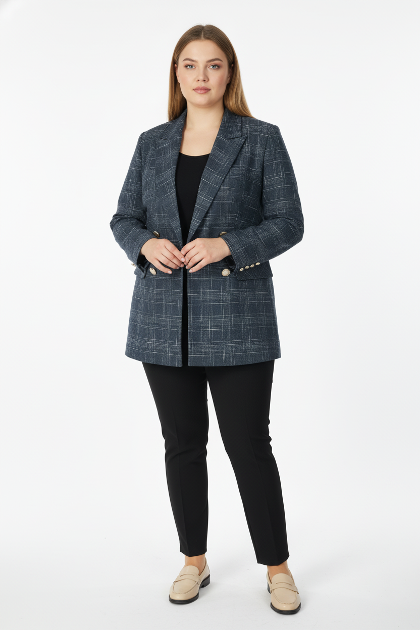 Ekol Kadın Blazer Ceket Çentikli Yaka Kruvaze Dokuma Ekose Desenli 26KEKL05173 Ana görsel
