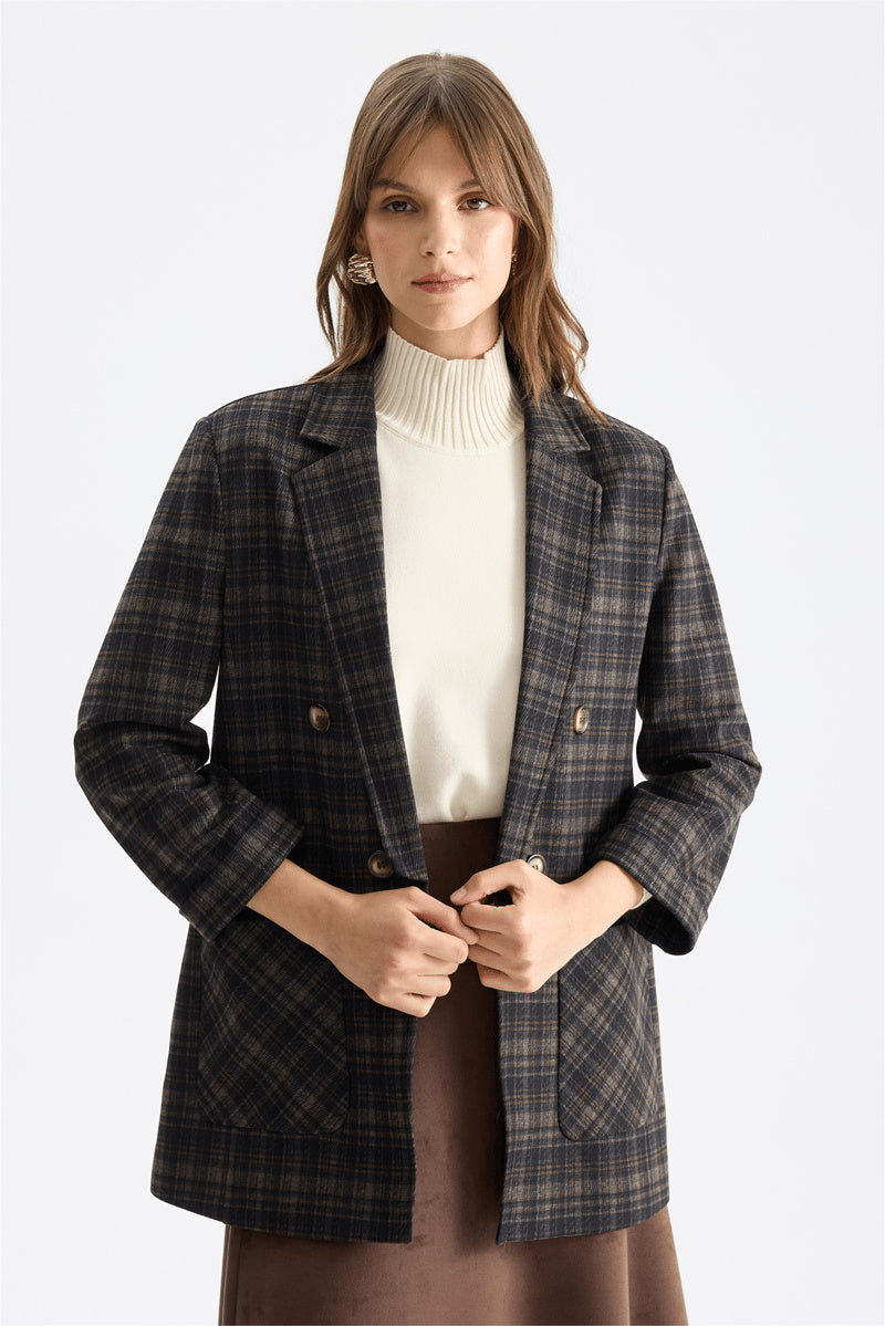 Ekol Kadın Ekose Desenli Kruvaze Blazer Ceket Üç Çeyrek Kol Detaylı