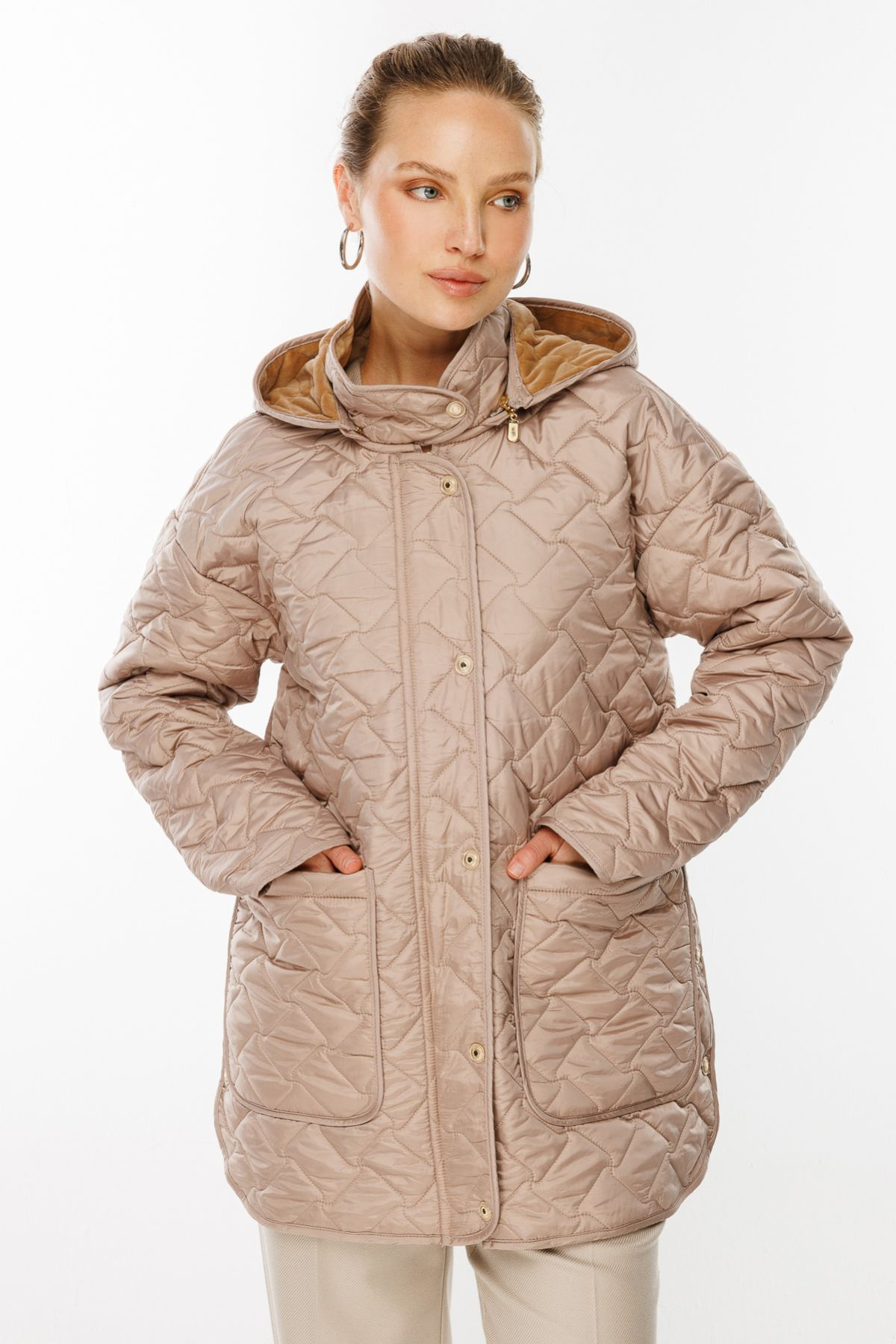 Ekol Kadın Oversize Kapüşonlu Midi Mont - Günlük Şıklık Translation missing: ar.content.product_image_main