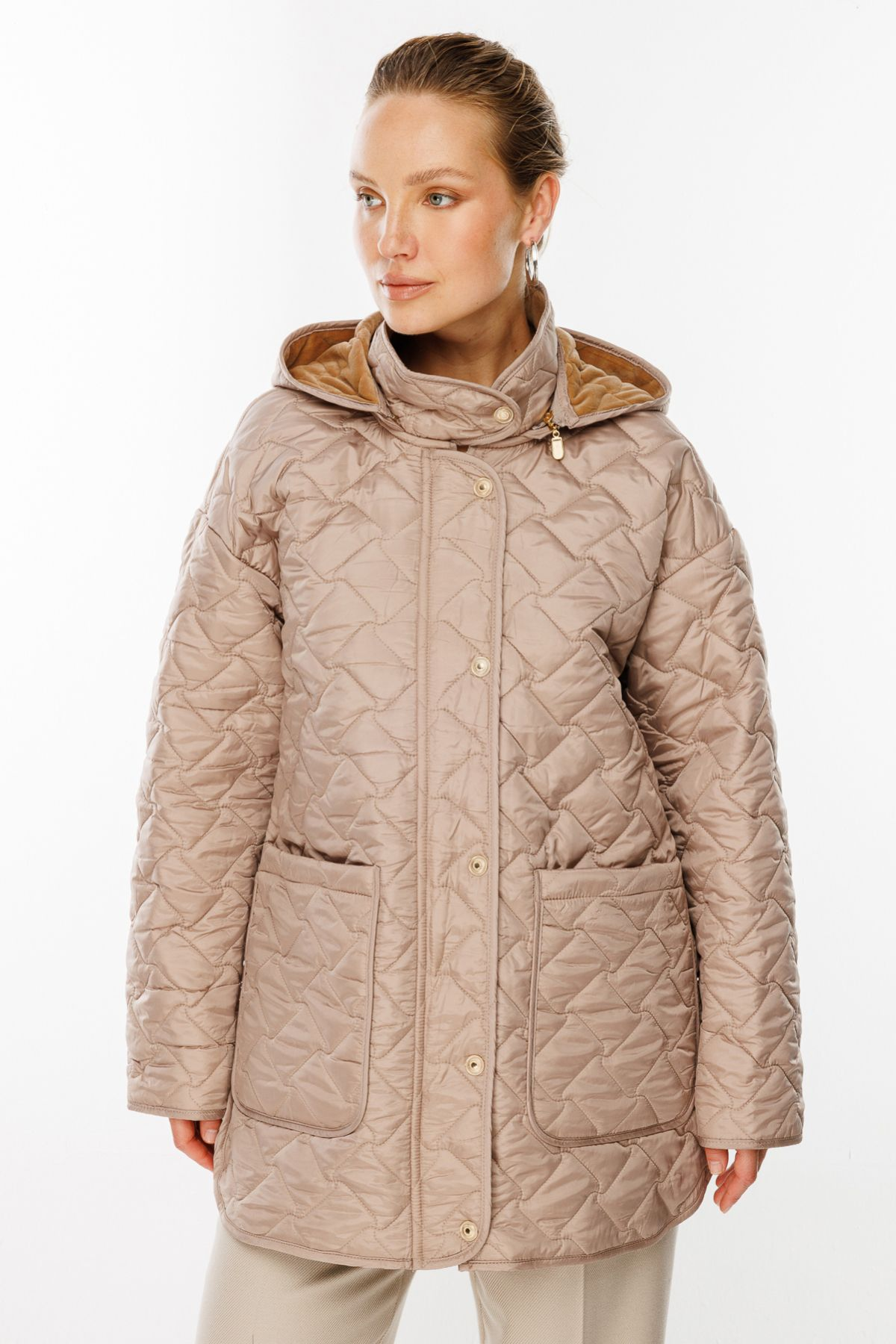 Ekol Kadın Oversize Kapüşonlu Midi Mont - Günlük Şıklık Translation missing: ar.content.product_image_secondary