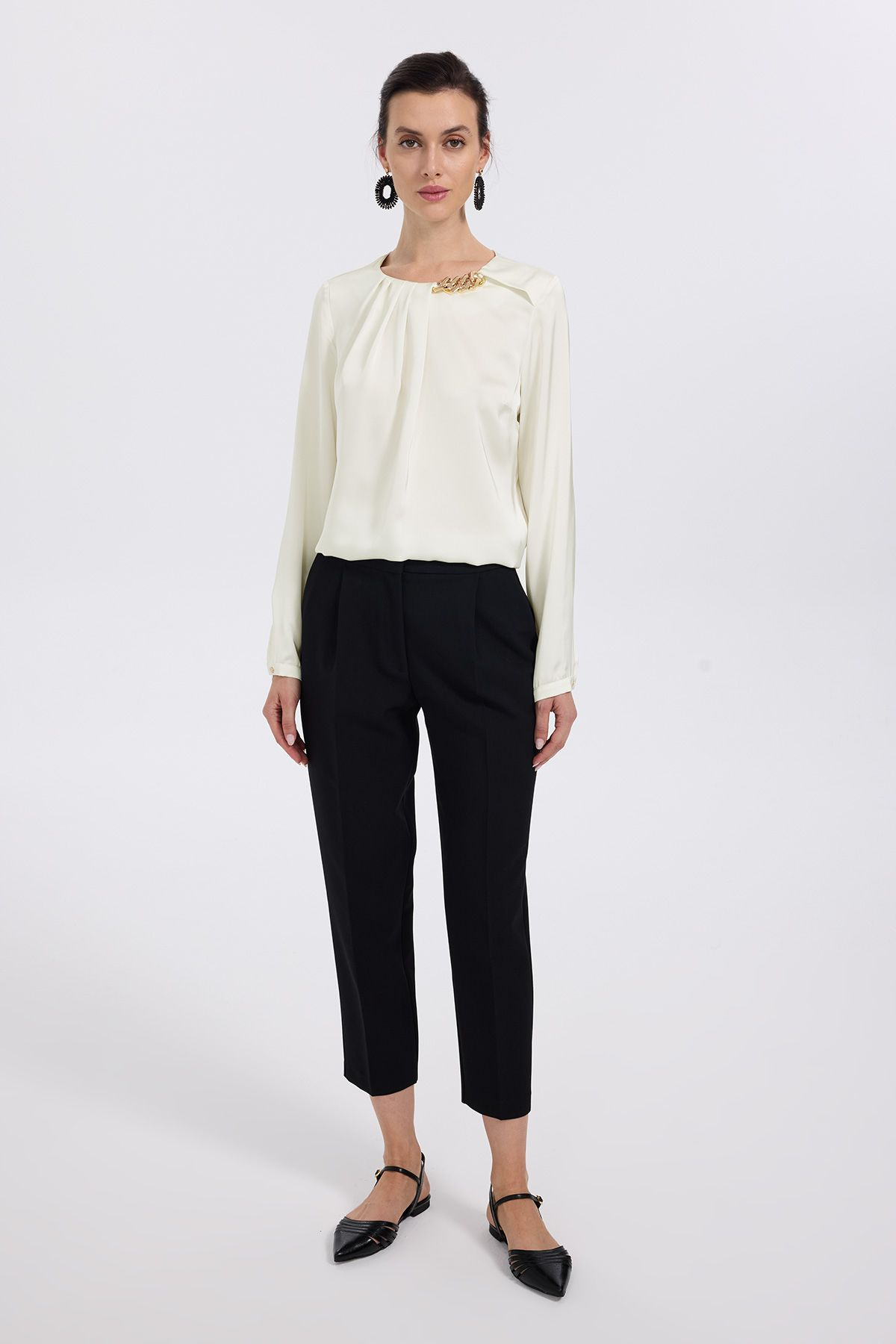 Ekol Kadın Crop Pantolon - Minimalist, Yüksek Bel, Pileli Detay Translation missing: ar.content.product_image_main