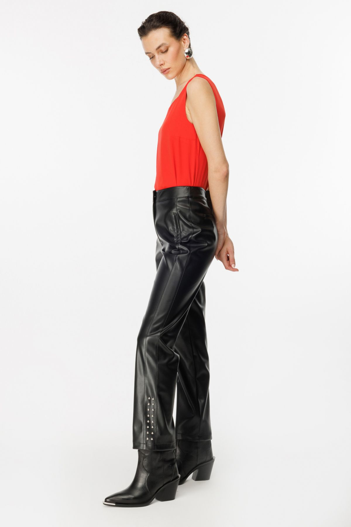 Ekol Kadın Deri Look Midi Pantolon - Minimalist Günlük Stil - Metalik Detaylar Translation missing: tr.content.product_image_secondary