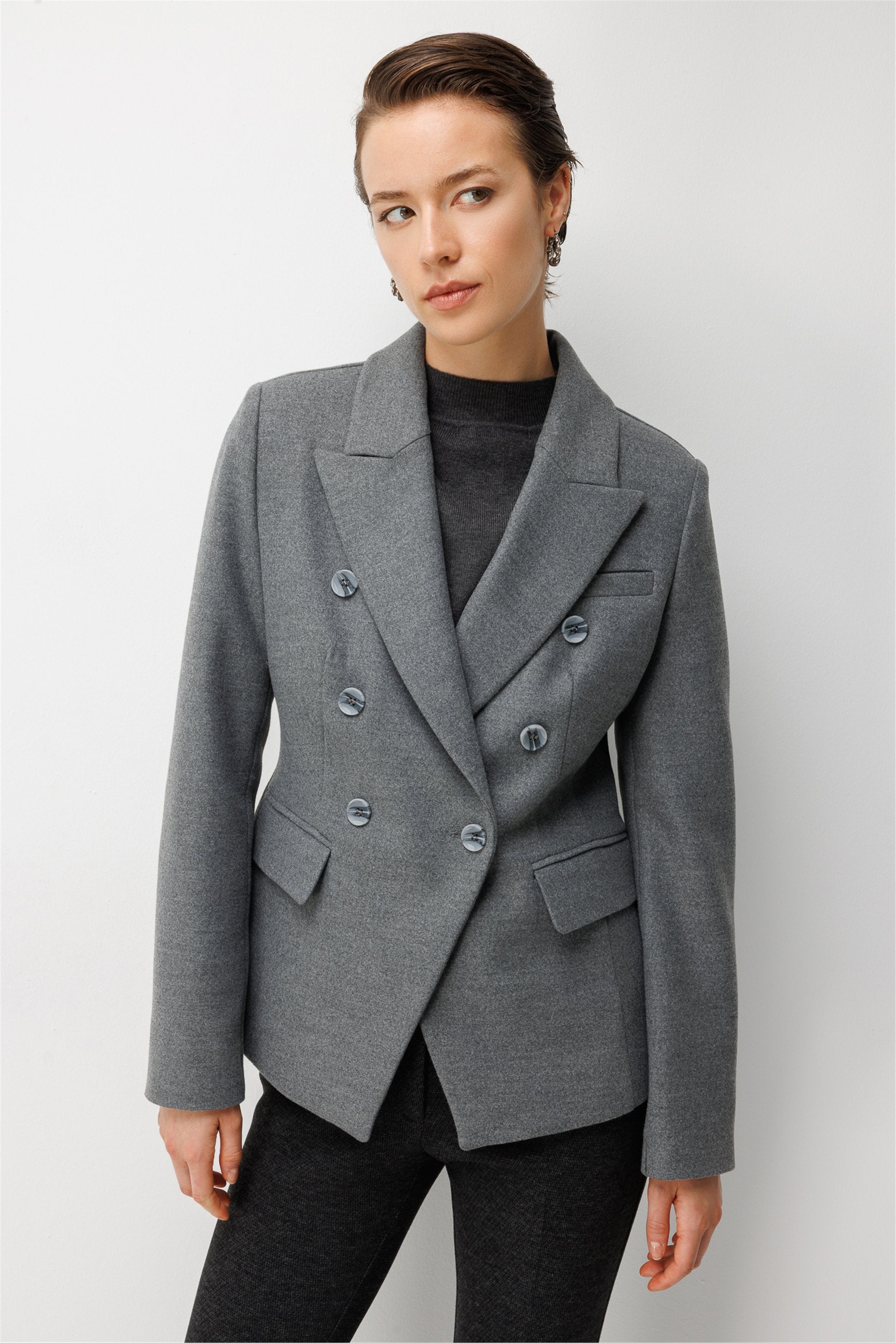 Ekol Kadın Kruvaze Çentikli Yaka Düğme Detaylı Uzun Kollu Blazer Ceket İkincil görsel