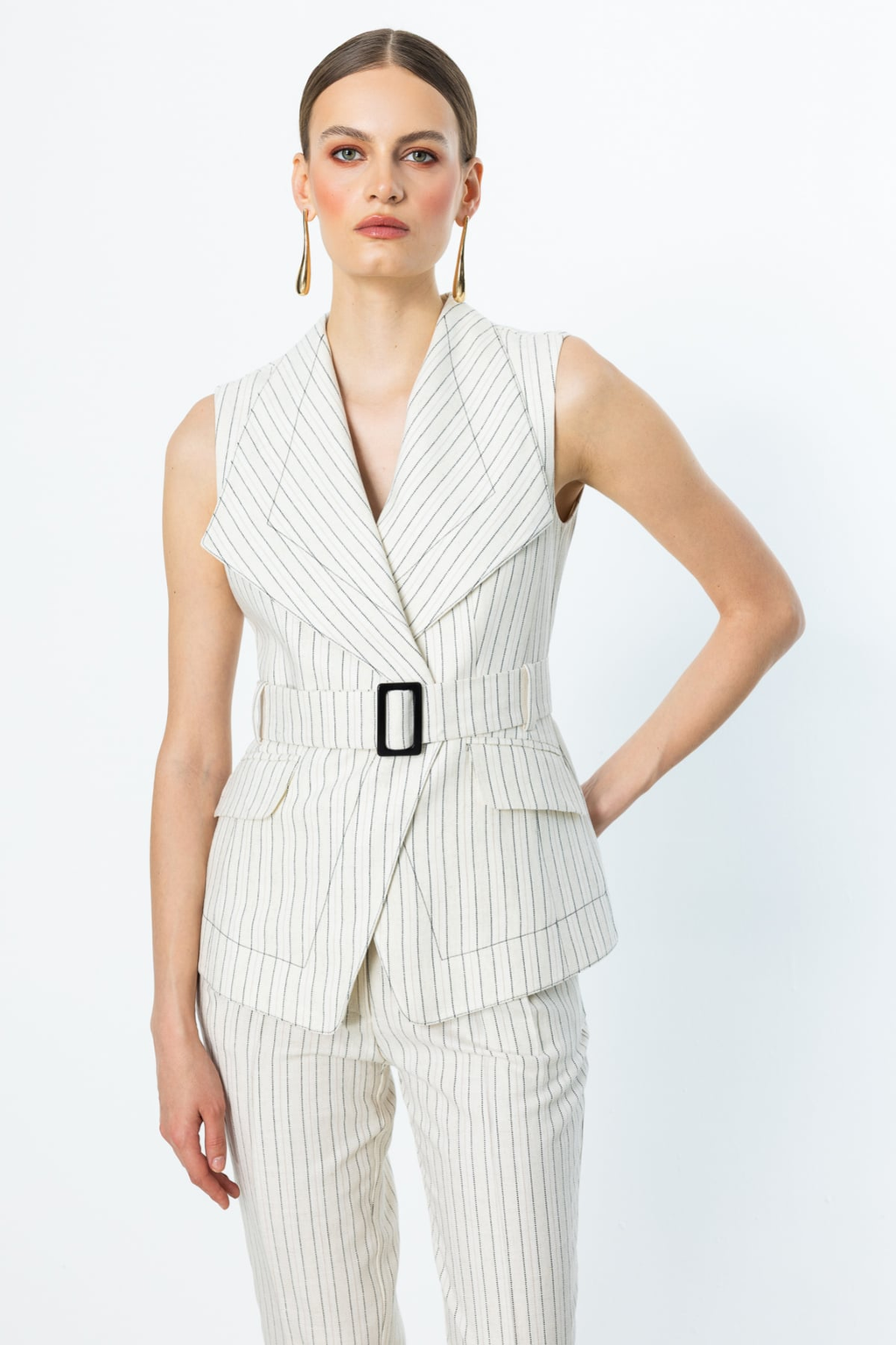 Ekol Minimalist Çizgili Kemerli Kolsuz Crop Yelek Kadın