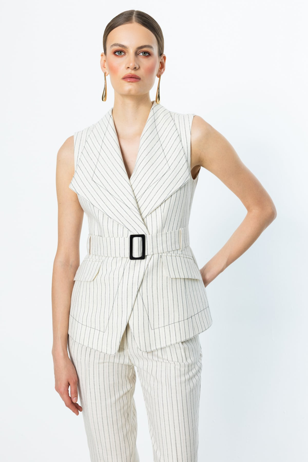Ekol Minimalist Çizgili Kemerli Kolsuz Crop Yelek Kadın