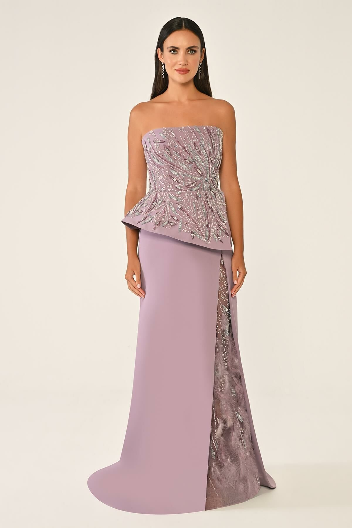 Straplez İşlemeli Yırtmacı Tül Krep Uzun Abiye Elbise Alfa Beta Translation missing: ar.content.product_image_main
