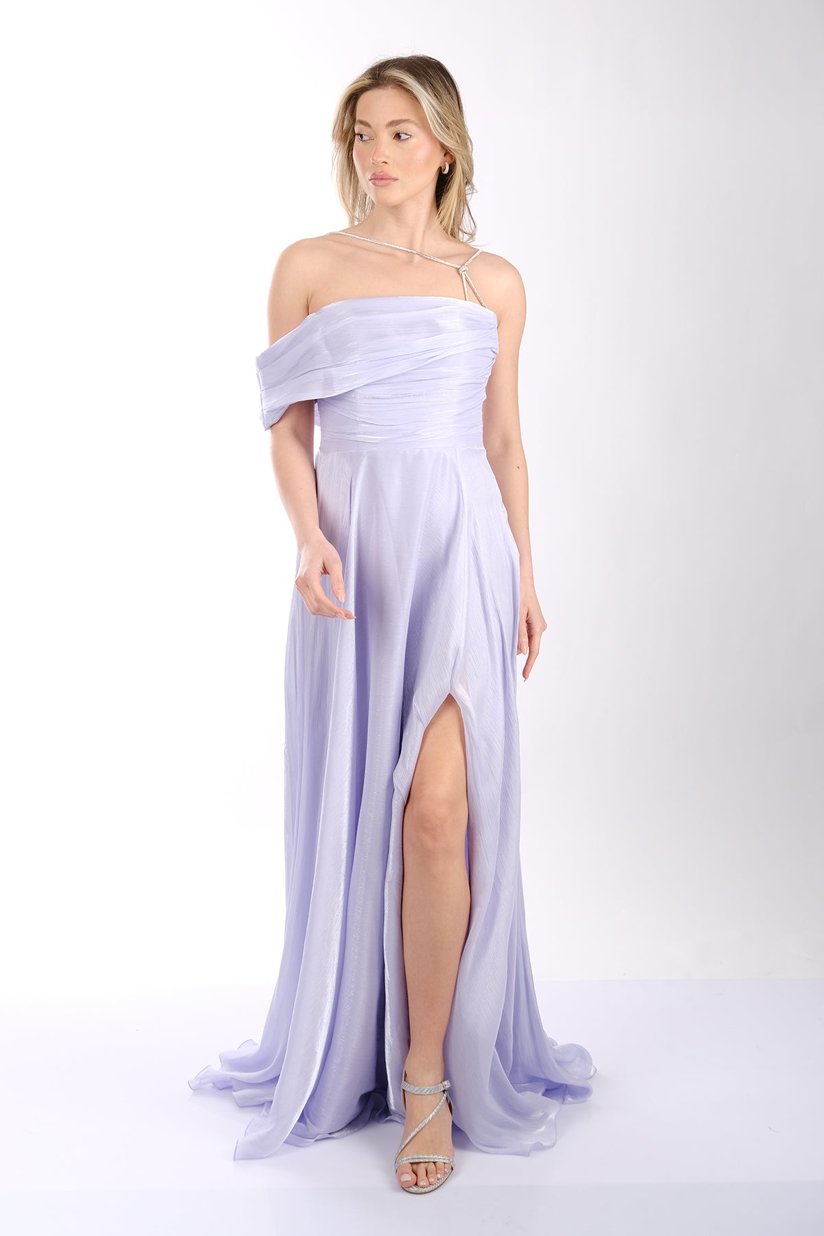DORİDORCA Tek Omuzlu Drape Önden Yırtmaçlı Abiye Elbise Translation missing: ar.content.product_image_main
