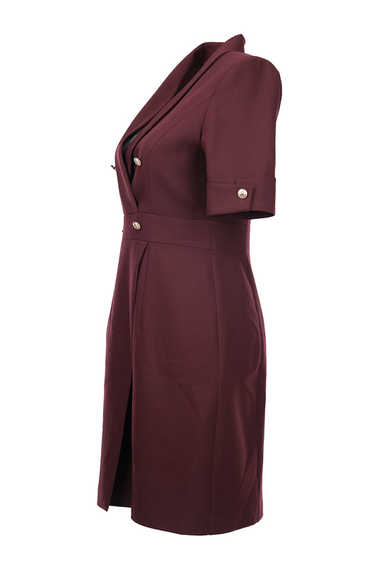 فستان إيكول متوسط ​​الطول بتصميم بسيط وفتحة رقبة على شكل حرف V - أكمام قصيرة - مناسب للعمل والمناسبات غير الرسمية