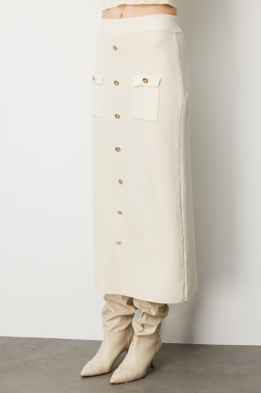 On Süs Düğmeli Midi Triko Etek