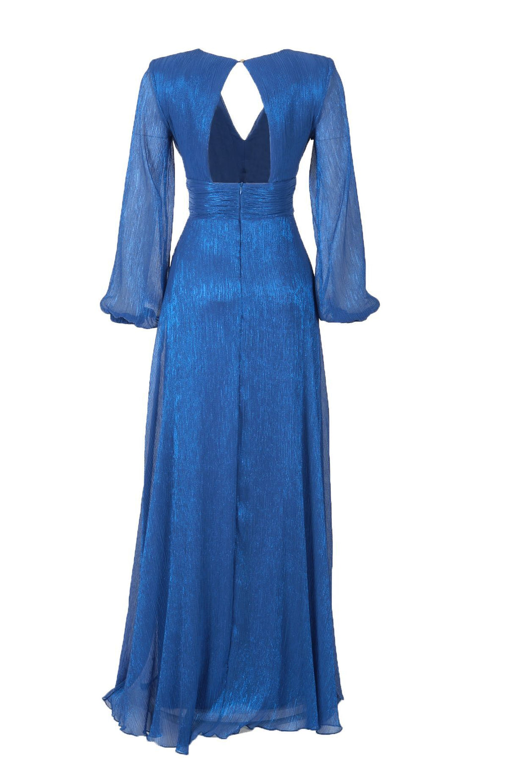 Explosion Metalik Maxi Abiye Elbise - V Yaka, Uzun Kollu, Şifon