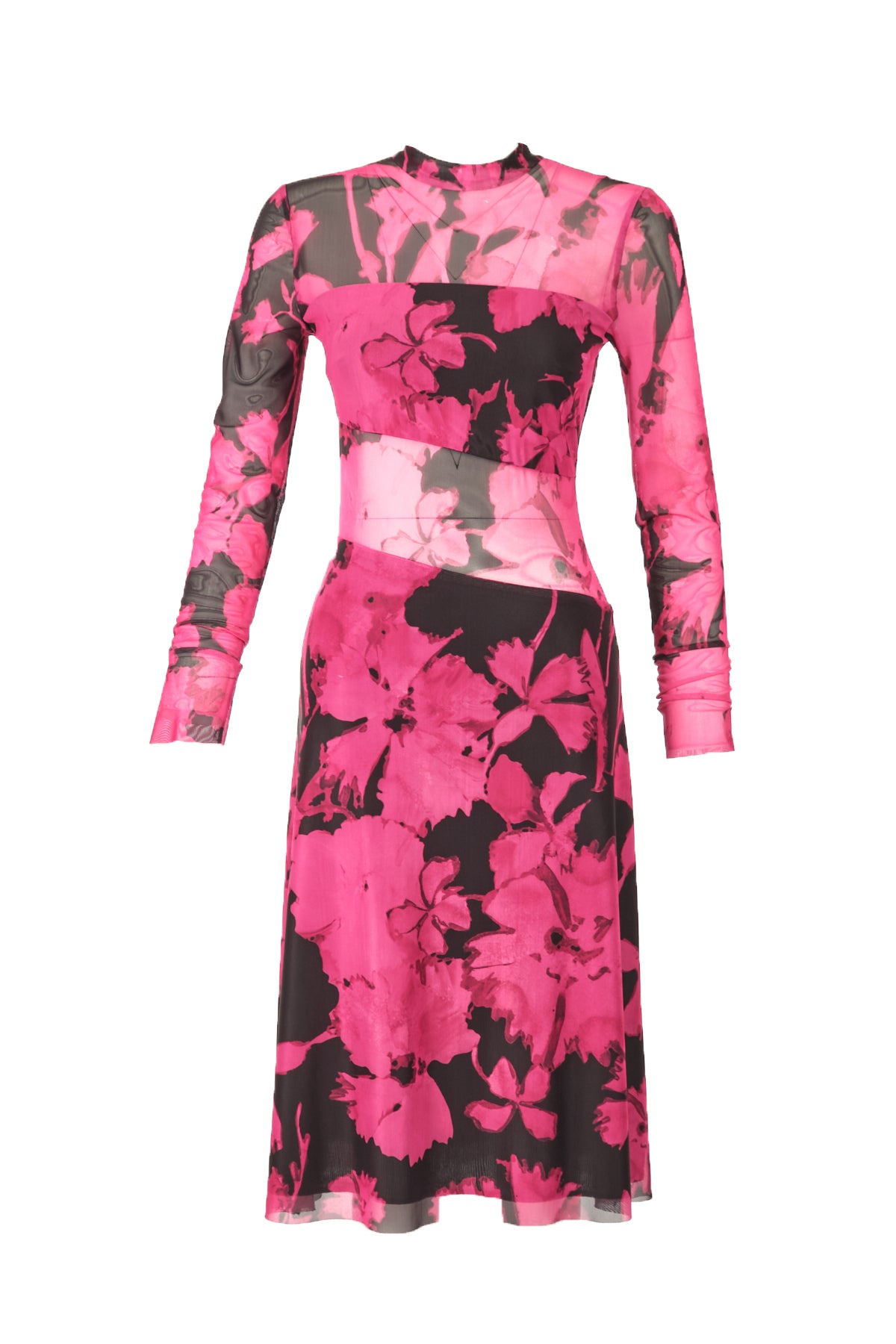 Explosion Uzun Kol Midi Şeffaf Elbise - Çiçek Desenli - Bohemian Stil