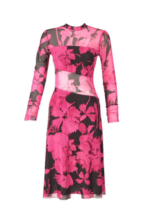 Explosion Uzun Kol Midi Şeffaf Elbise - Çiçek Desenli - Bohemian Stil