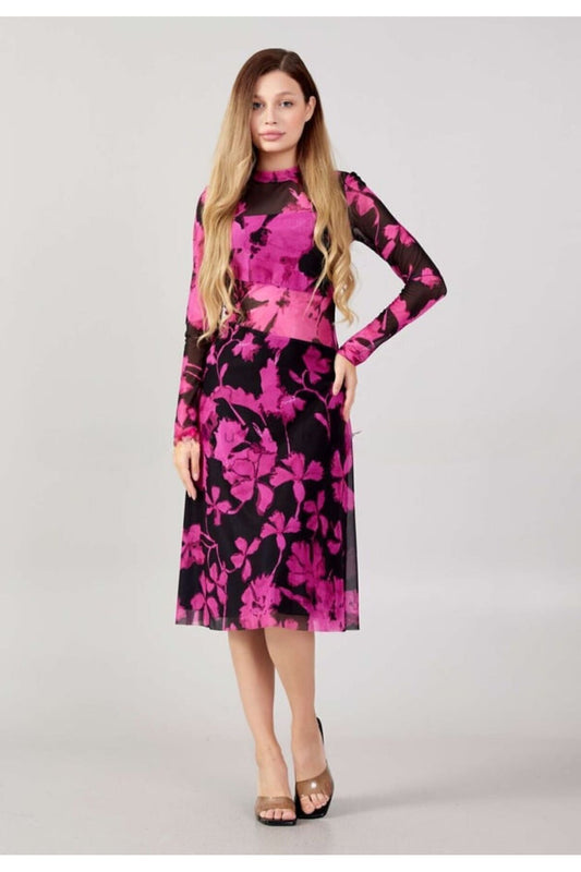 Explosion Uzun Kol Midi Şeffaf Elbise - Çiçek Desenli - Bohemian Stil