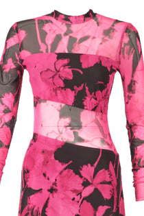 Explosion Uzun Kol Midi Şeffaf Elbise - Çiçek Desenli - Bohemian Stil