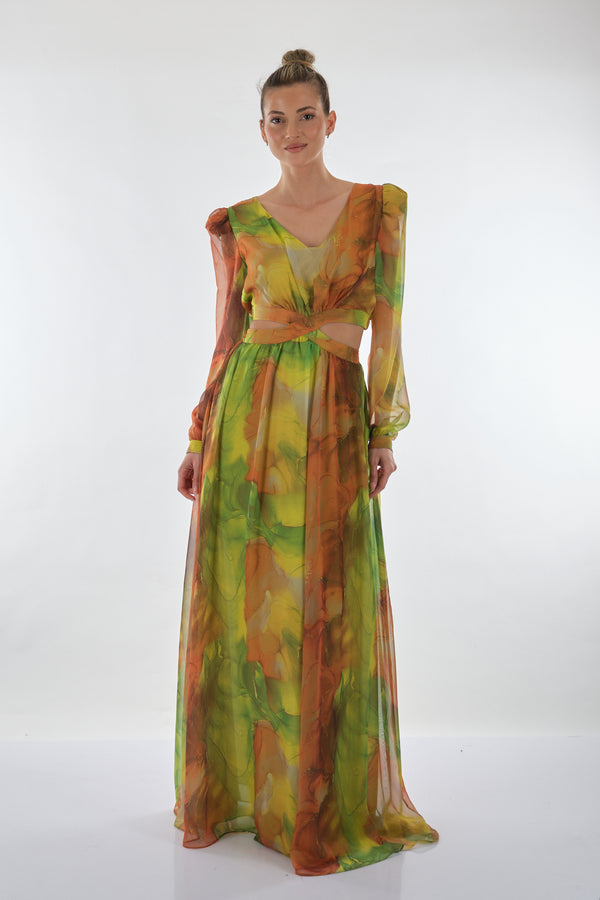 Explosion V Yaka Uzun Kol Maxi Şifon Elbise - Bohemian Stil