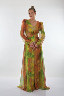 Explosion V Yaka Uzun Kol Maxi Şifon Elbise - Bohemian Stil