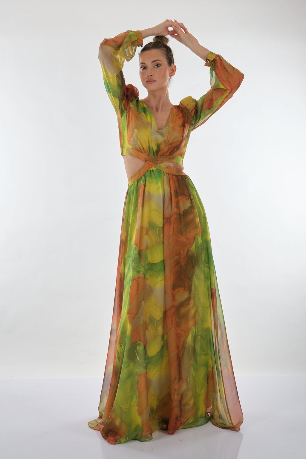 Explosion V Yaka Uzun Kol Maxi Şifon Elbise - Bohemian Stil