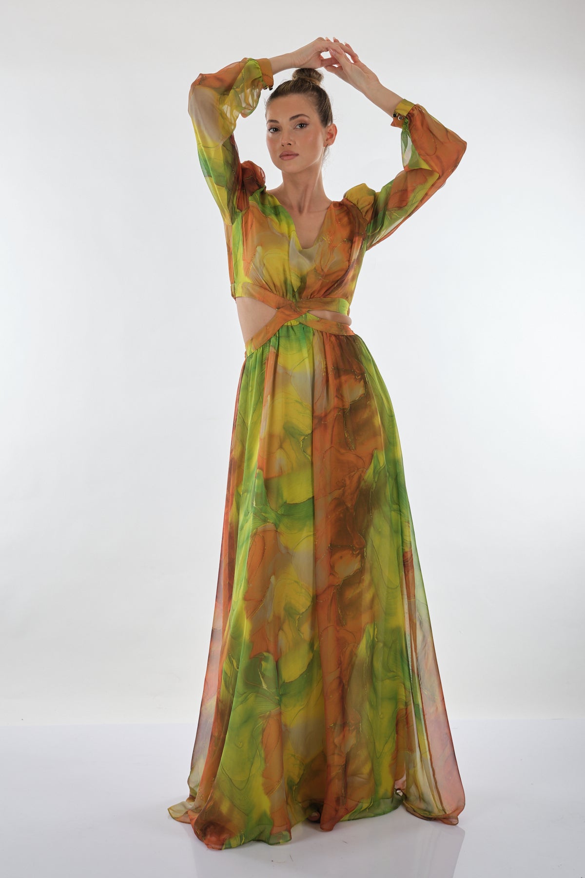 Explosion V Yaka Uzun Kol Maxi Şifon Elbise - Bohemian Stil