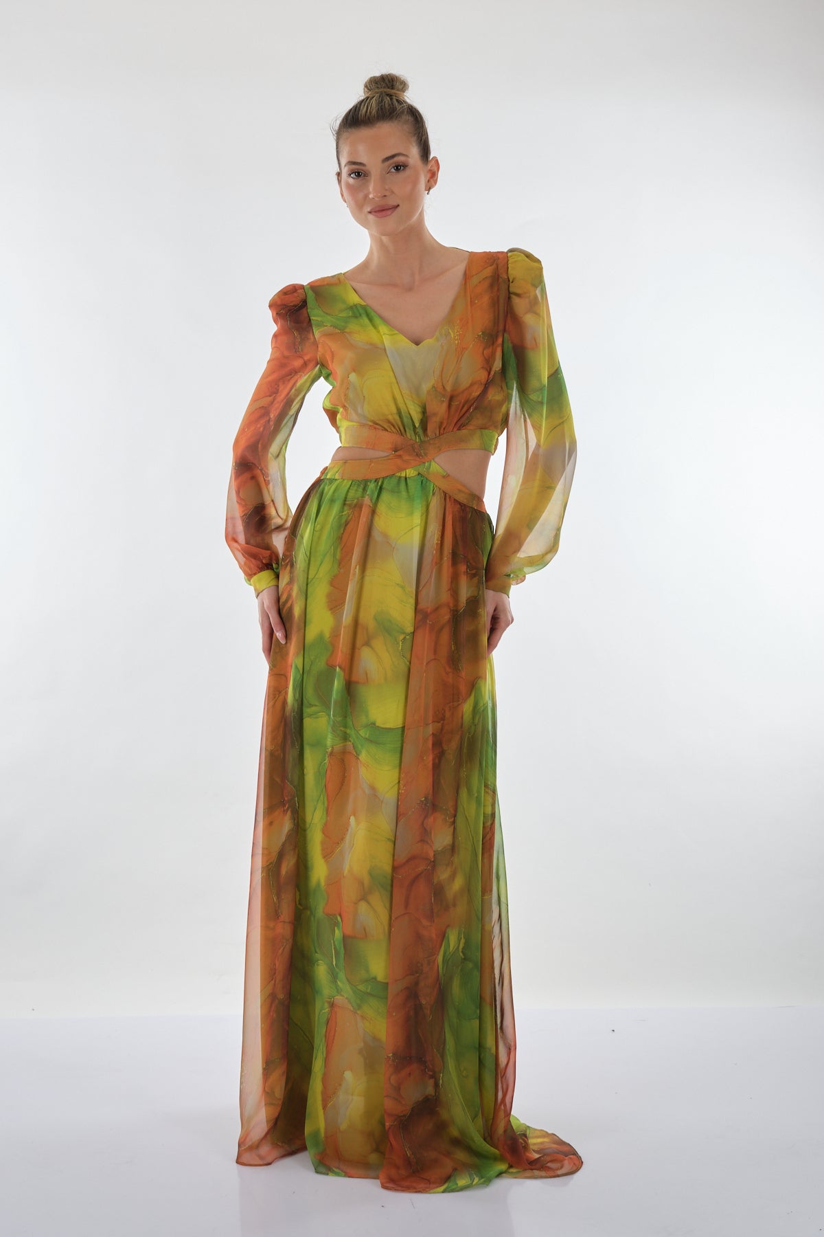 Explosion V Yaka Uzun Kol Maxi Şifon Elbise - Bohemian Stil