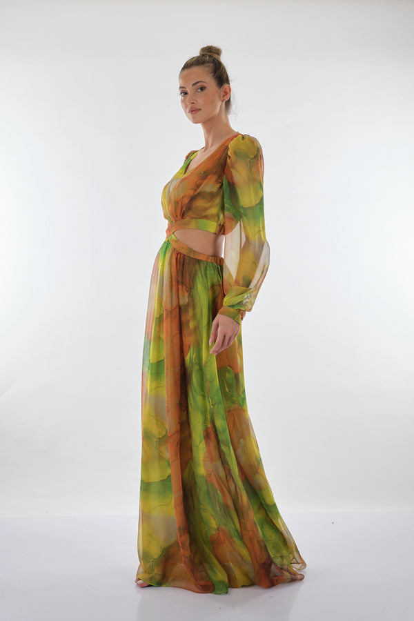 Explosion V Yaka Uzun Kol Maxi Şifon Elbise - Bohemian Stil