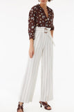 Exquise Yüksek Bel Geniş Paça Çizgili Keten Pantolon - Minimalist Stil