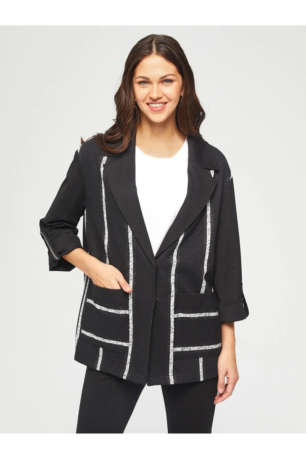 Faik Sönmez Oversize Çizgili 3/4 Kol Minimalist Kadın Ceket - Günlük & İş