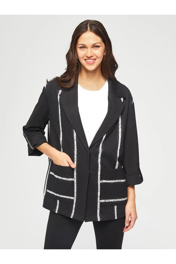 Faik Sönmez Oversize Çizgili 3/4 Kol Minimalist Kadın Ceket - Günlük & İş