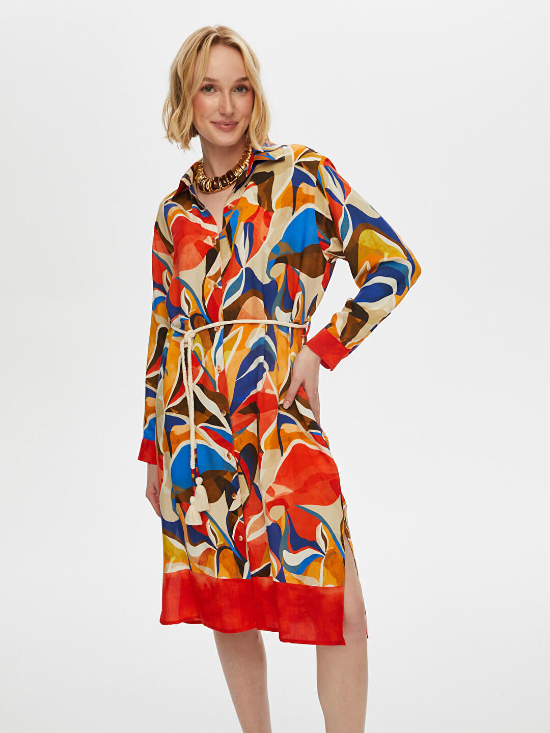 Faik Sönmez Kadın Eteği Sulu Kemer Detaylı Viskon Gömlek Elbise Translation missing: ar.content.product_image_secondary