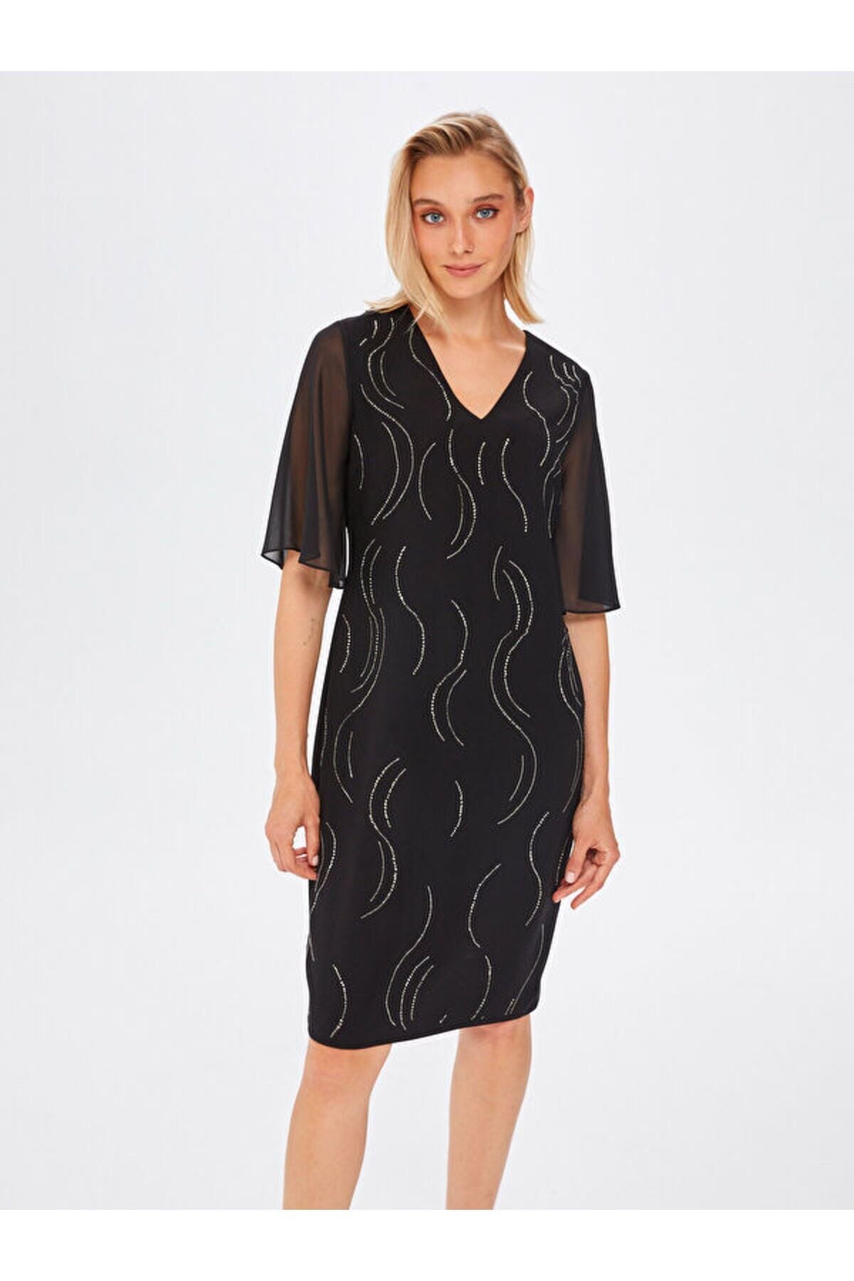 Faik Sönmez V Yaka 3/4 Kol Midi Şifon Elbise - Minimalist Tasarım Translation missing: ar.content.product_image_main
