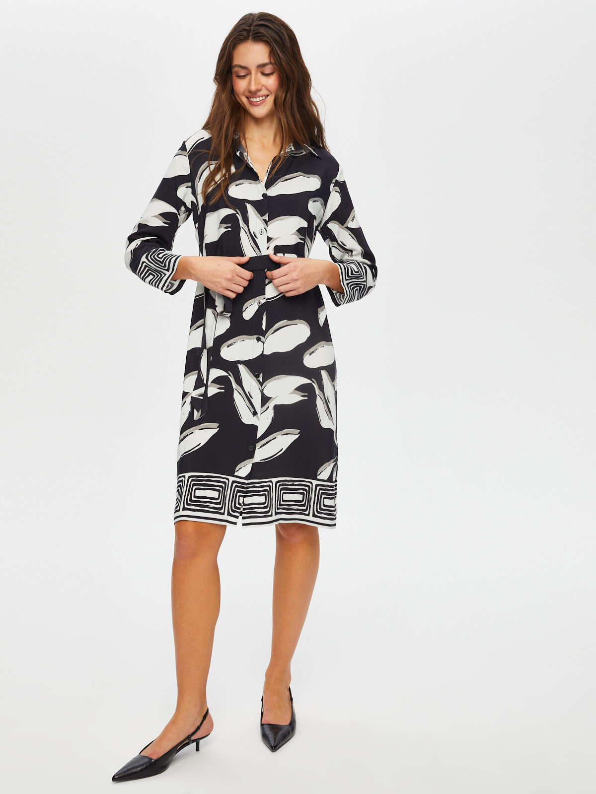 Faik Sönmez Kadın Eteği Sulu Monochrome Yaprak Desen Elbise 25YUS25ELB001