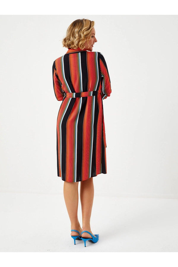 Faik Sönmez Midi Gömlek Elbise - Çizgili Desen - Minimalist Stil