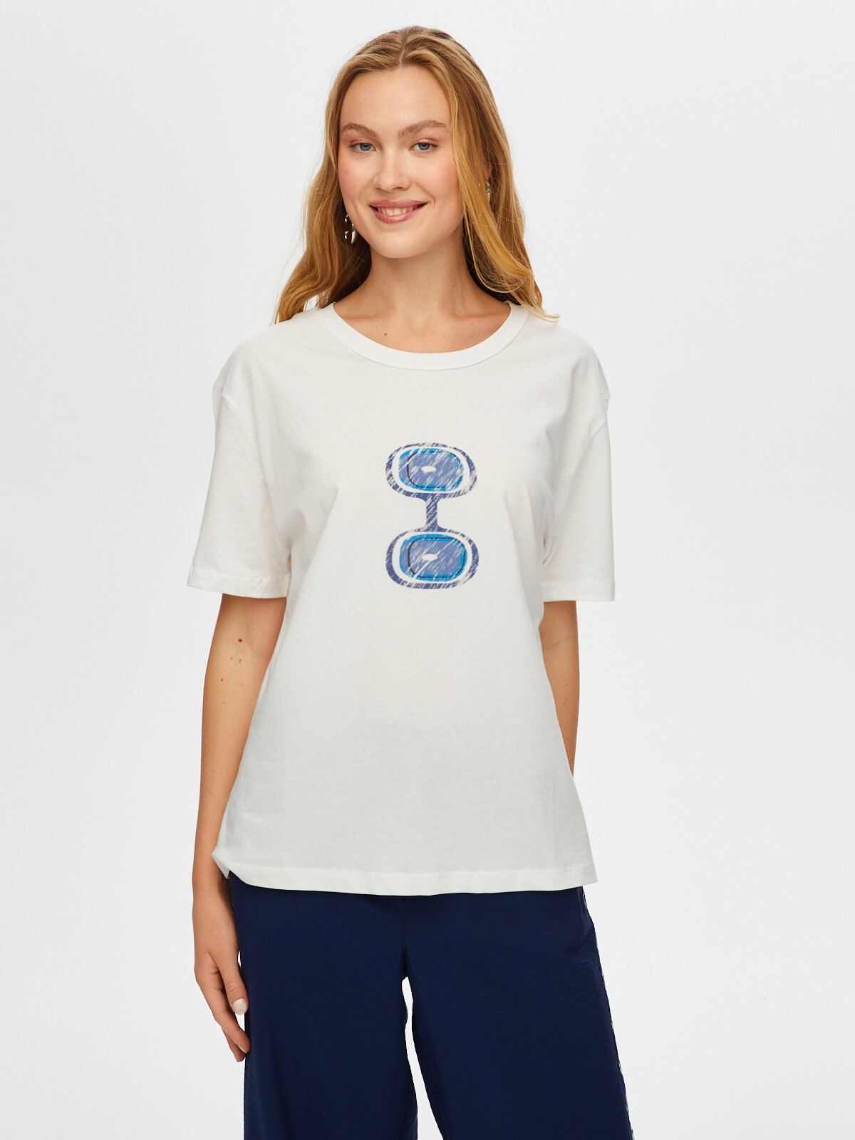 Faik Sönmez Kadın Önü Nazar Boncuğu Baskılı Yuvarlak Yaka Pamuklu T-Shirt