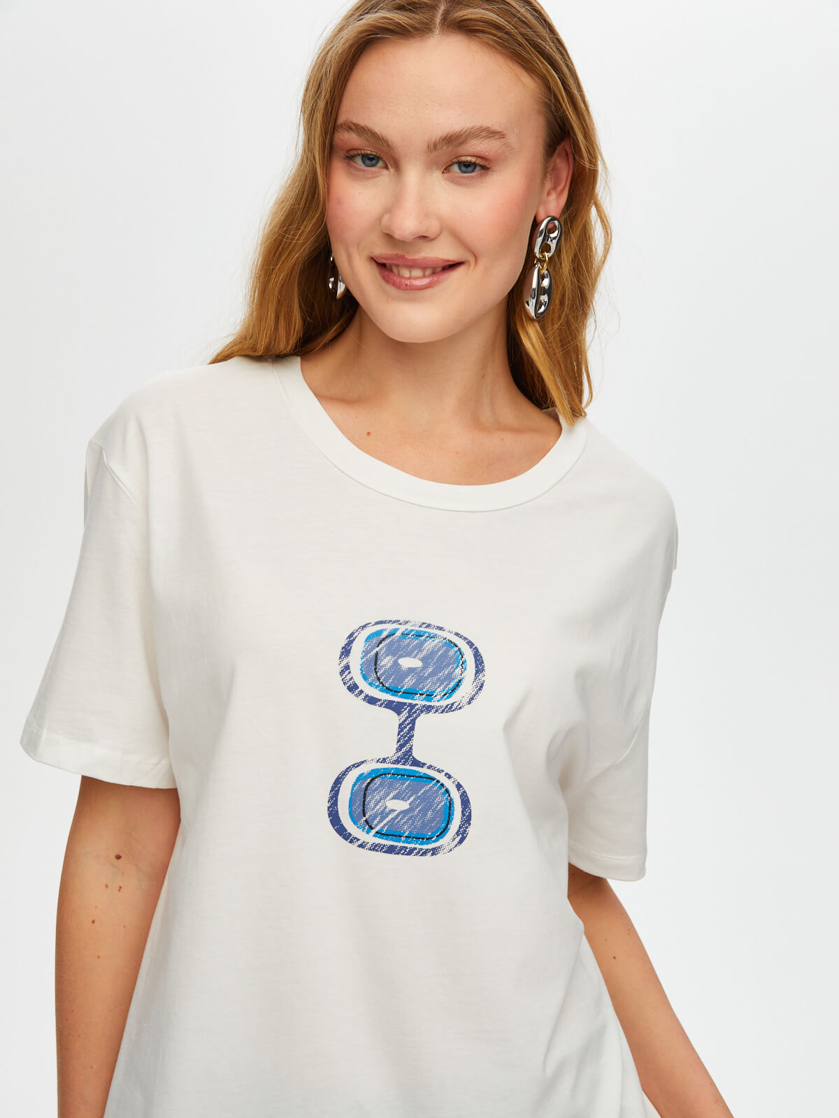 Faik Sönmez Kadın Önü Nazar Boncuğu Baskılı Yuvarlak Yaka Pamuklu T-Shirt