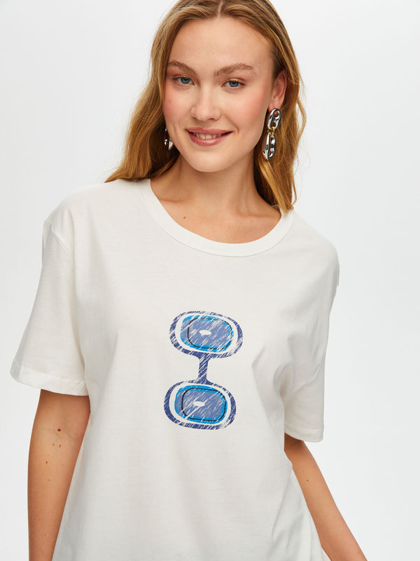 Faik Sönmez Kadın Önü Nazar Boncuğu Baskılı Yuvarlak Yaka Pamuklu T-Shirt