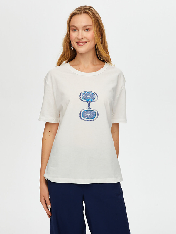 Faik Sönmez Kadın Önü Nazar Boncuğu Baskılı Yuvarlak Yaka Pamuklu T-Shirt