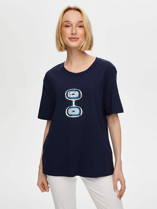 Faik Sönmez Kadın Önü Nazar Boncuğu Baskılı Yuvarlak Yaka Pamuklu T-Shirt