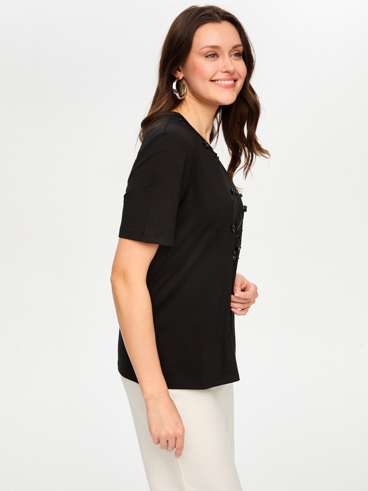 Faik Sönmez Kadın Bisiklet Yaka Regular Kesim Taş Detaylı Örme T-Shirt