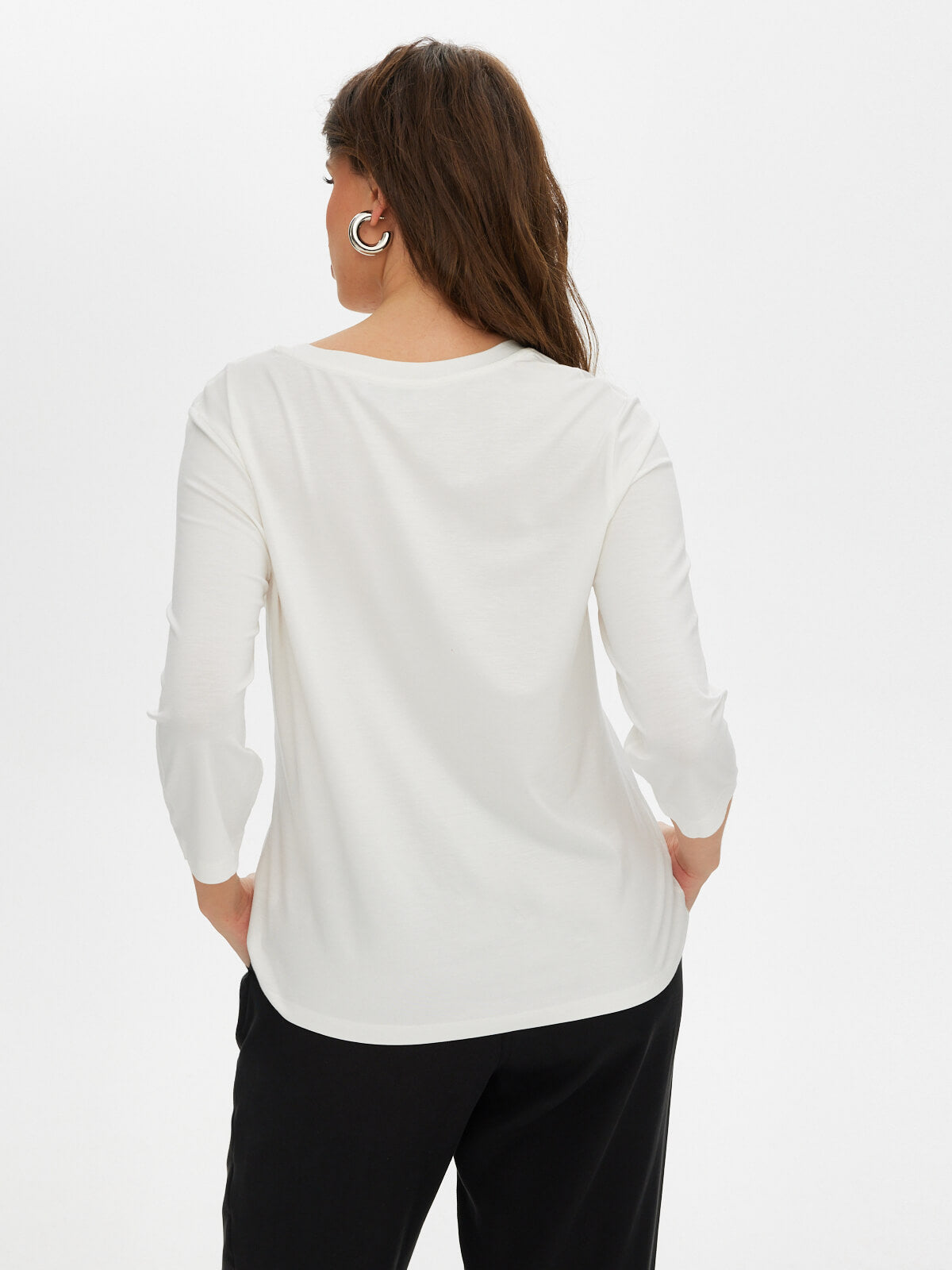 Faik Sönmez Kadın V Yaka 3/4 Kol Taş Detaylı Minimalist T-Shirt