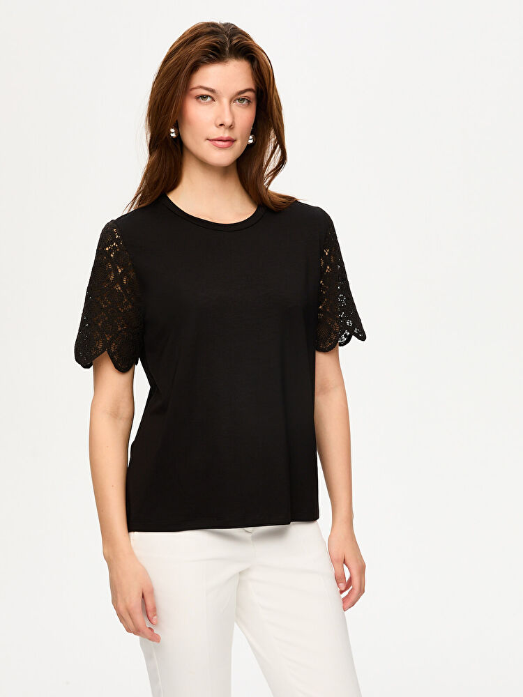 Faik Sönmez Kolları Kroşe Dantel Yuvarlak Yaka  T-Shirt US26TSH082 İkincil görsel