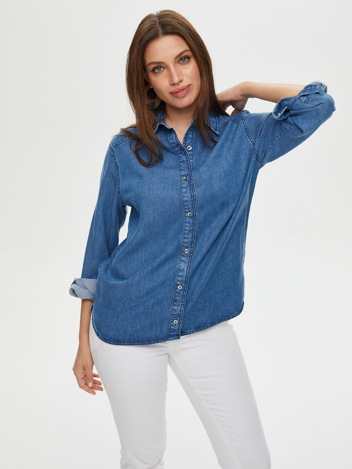 Faik Sönmez Oversize Denim Gömlek - Uzun Kol Minimalist Tarz Kadın Translation missing: ar.content.product_image_secondary